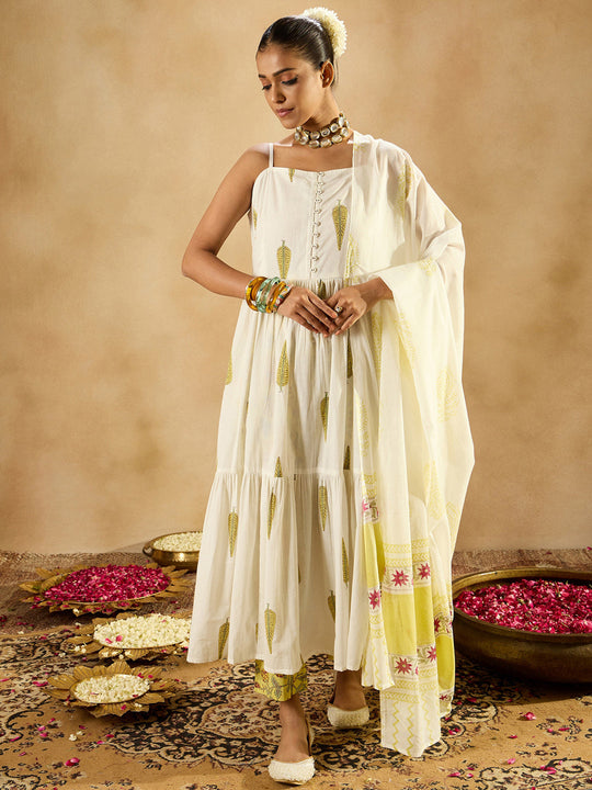 Indo Era White Printed A-Line Kurta Trousers With Dupatta set