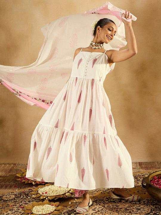 Indo Era White Printed A-Line Kurta Trousers With Dupatta set