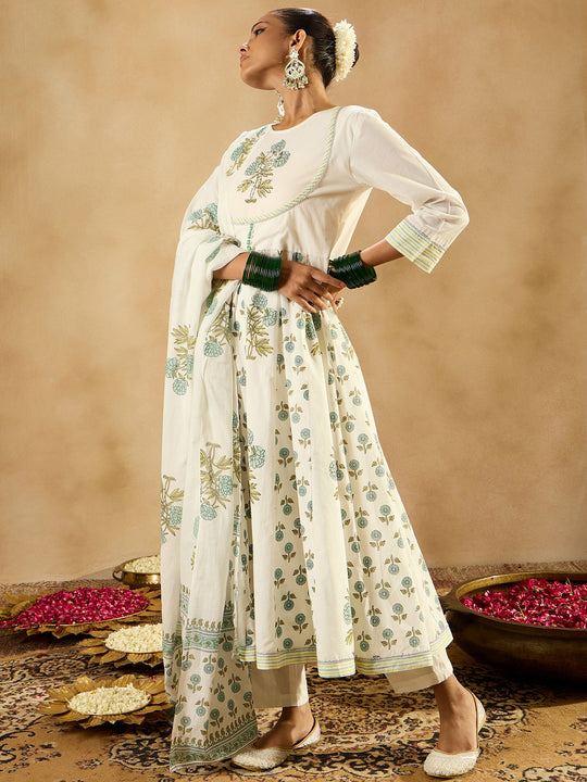 Indo Era White Printed A-Line Kurta Trousers With Dupatta set