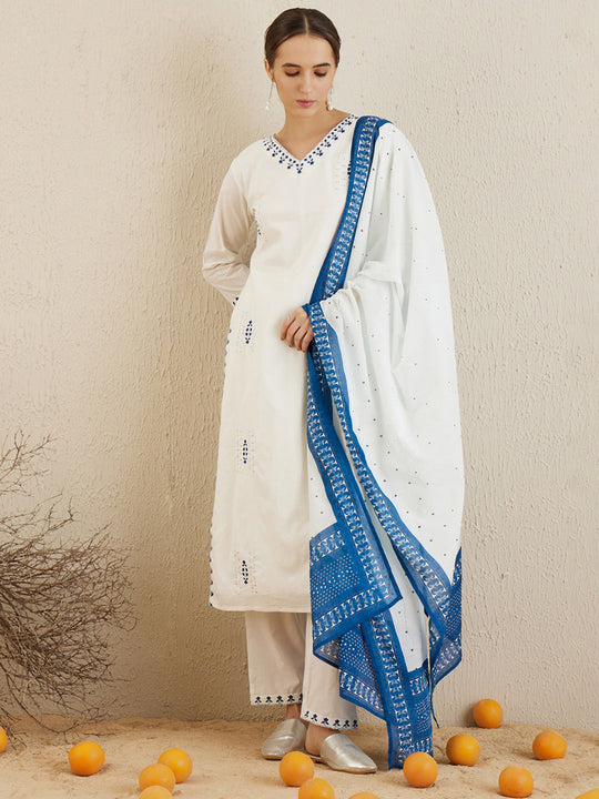 Off White Embroidered Straight Kurta Trousers With Dupatta