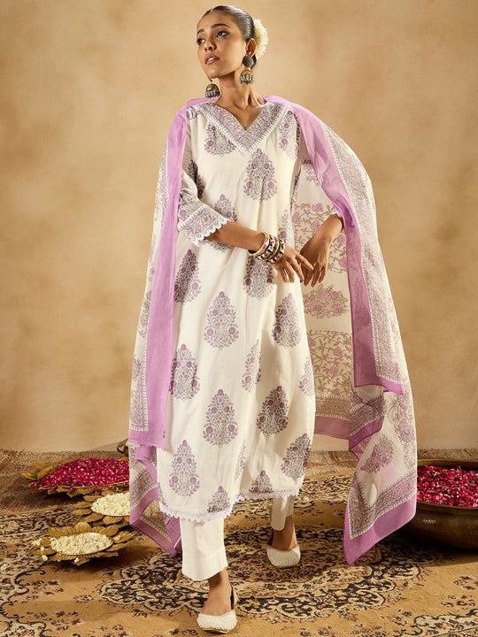 Indo Era White Printed Straight Kurta Trousers With Dupatta set