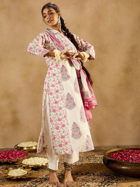 Indo Era White Printed Straight Kurta Trousers With Dupatta set