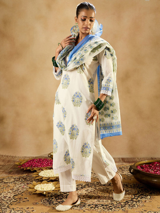 White Printed Straight Kurta Trousers With Dupatta