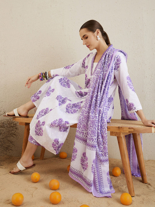 White Printed A-Line Kurta Palazzos With Dupatta