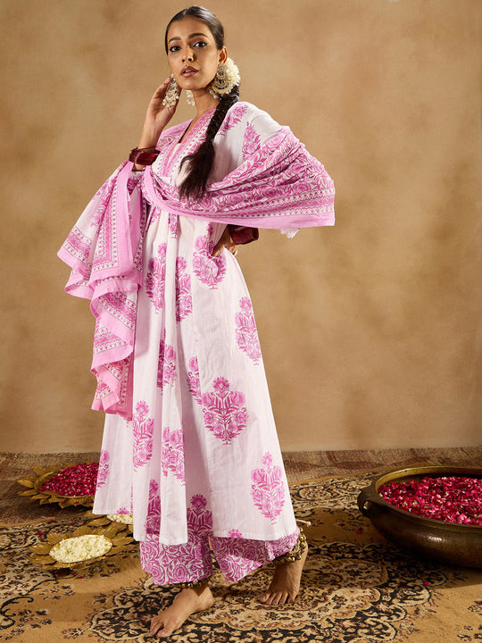 Indo Era White Printed A-Line Kurta Palazzos With Dupatta set