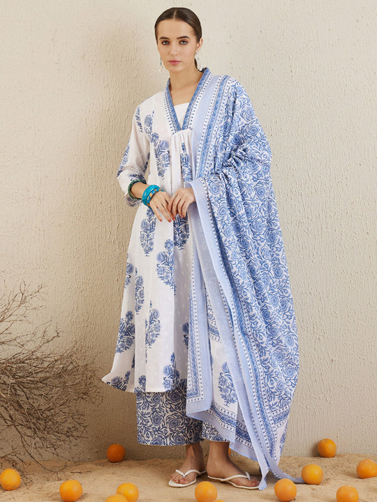 Indo Era White Printed A-Line Kurta Palazzos With Dupatta set