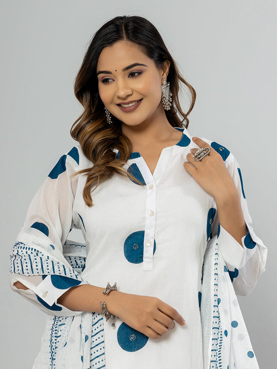 Indo Era Off White Printed A-Line Kurta Trousers With Dupatta set