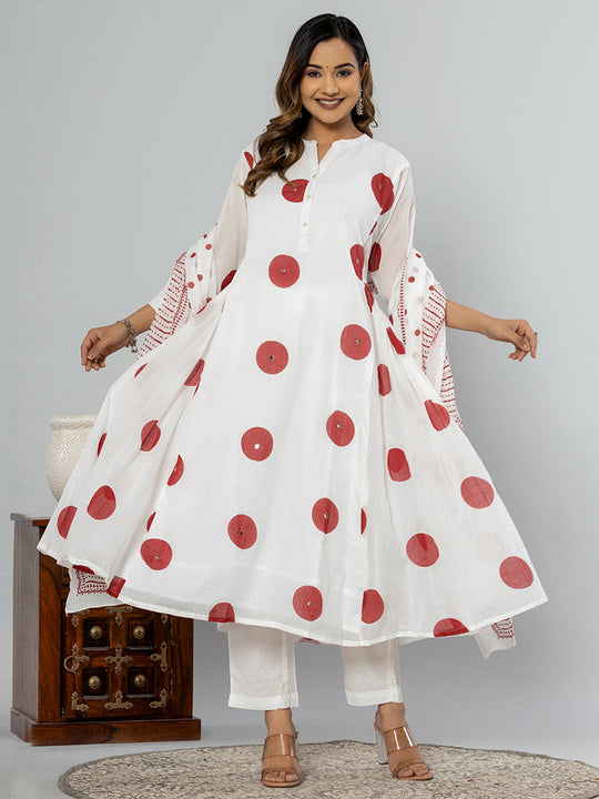 Indo Era Off White Printed A-Line Kurta Trousers With Dupatta set