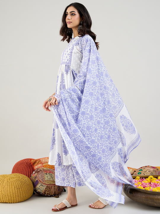 Indo Era White Printed A-Line Kurta Palazzos With Dupatta set