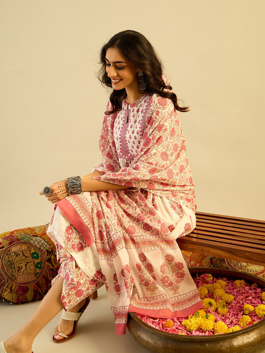 White Printed A-Line Kurta Palazzos With Dupatta