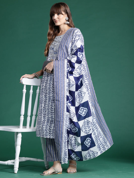 Indo Era Off White Printed Straight Kurta Trousers With Dupatta set