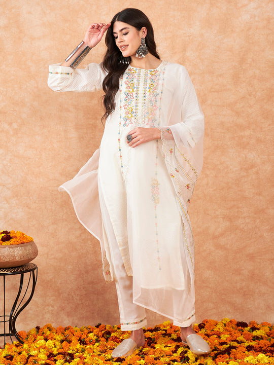 Indo Era White Embroidered Straight Kurta Trousers With Dupatta Set