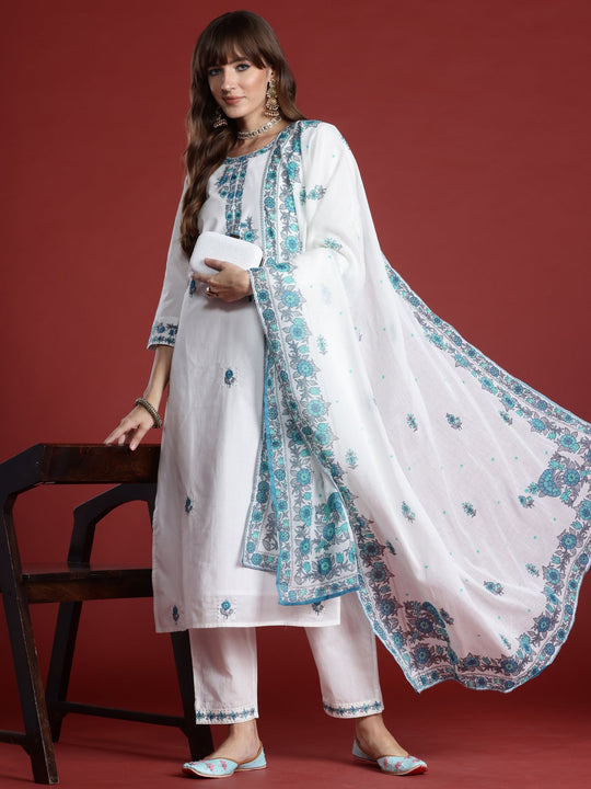 White embroidered straight kurta trousers with dupatta