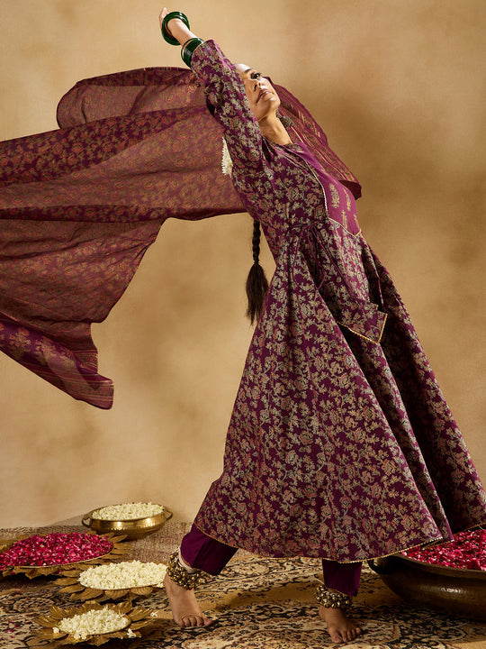Indo Era Burgundy Printed A-Line Kurta Trousers With Dupatta set