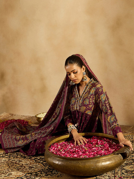 Indo Era Burgundy Printed A-Line Kurta Trousers With Dupatta set
