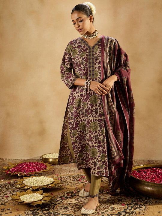 Indo Era Burgundy Printed Straight Kurta Trousers With Dupatta set