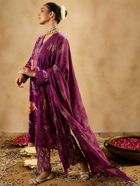 Indo Era Burgundy Printed Straight Kurta Trousers With Dupatta set