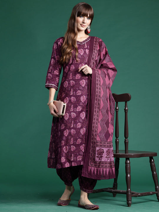 Indo Era Burgundy Printed Straight Kurta Palazzos With Dupatta set