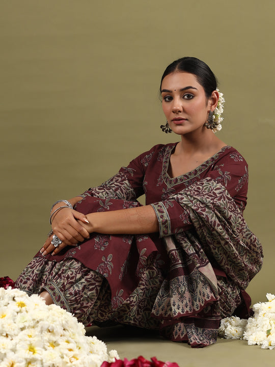 Indo Era Burgundy Printed Straight Kurta Salwar With Dupatta set