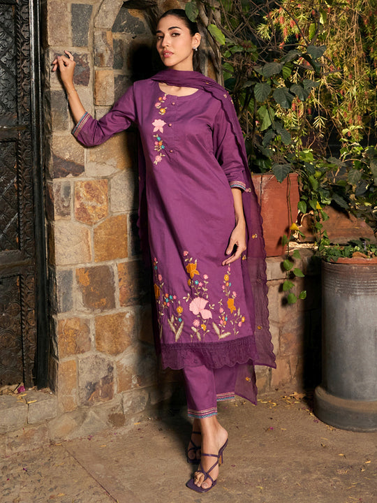 Indo Era Burgundy Embroidered Straight Kurta Trousers With Dupatta set