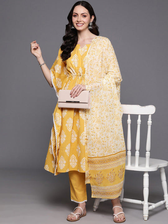 Indo Era Yellow Printed Kaftan Trousers With Dupatta Set