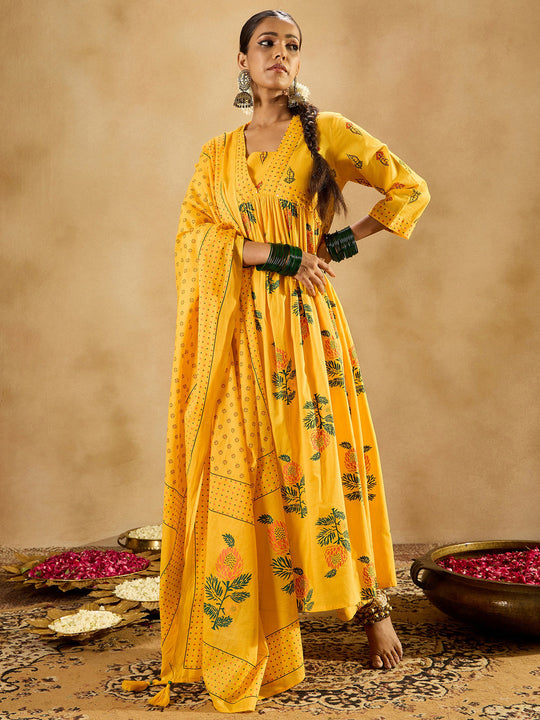Indo Era Yellow Printed A-Line Kurta Trousers With Dupatta set