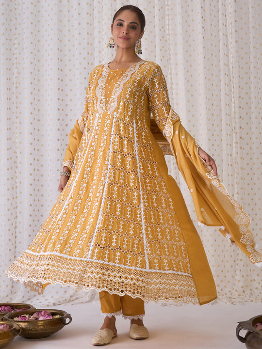 Indo Era Yellow Embroidered Anarkali Kurta Trousers With Dupatta set