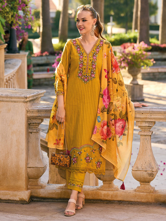 Yellow Embroidered Straight Kurta Trousers With Dupatta