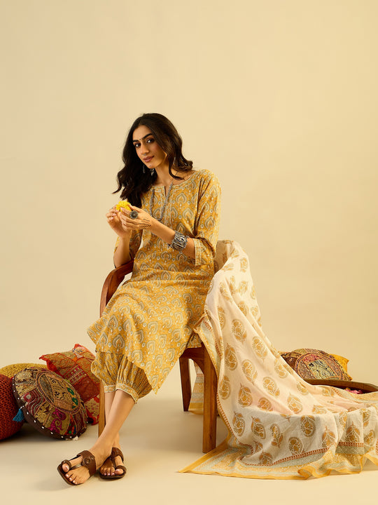 Indo Era Yellow Printed Straight Kurta Salwar With Dupatta set
