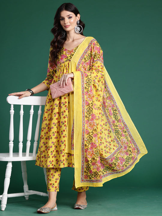 Indo Era Yellow Printed A-Line Kurta Trousers With Dupatta set