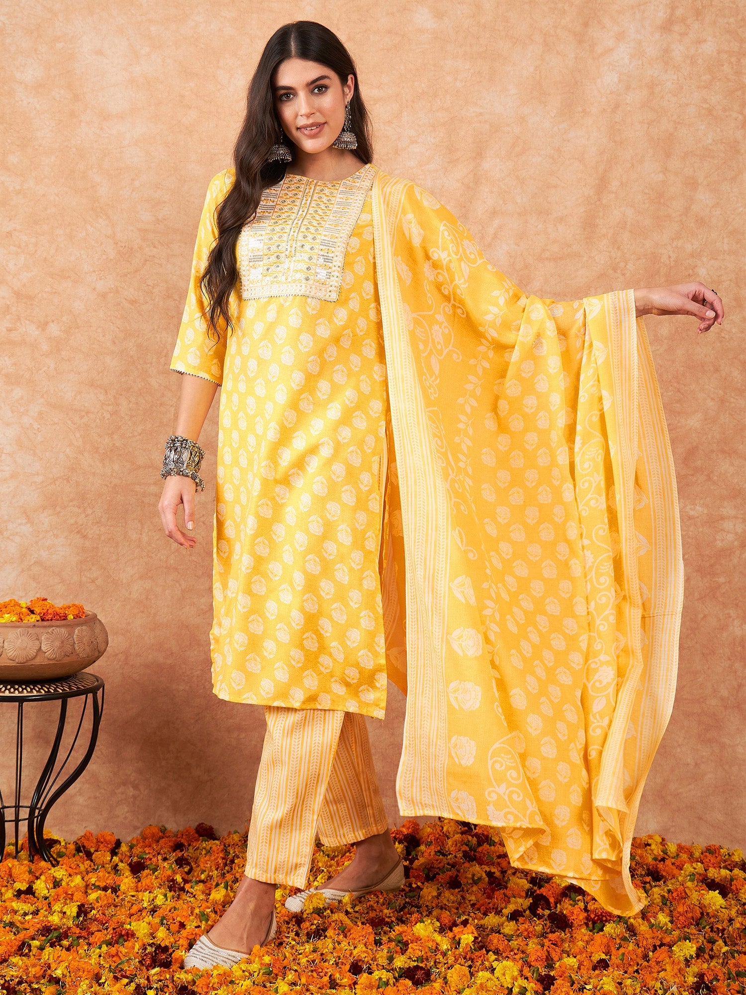 Yellow Kurta Sets  For women,indo era, indoera, kurta set for women, women kurta set, women suit, summer wear for women, cotton suit set, women cotton kurta, cotton kurta with dupatta