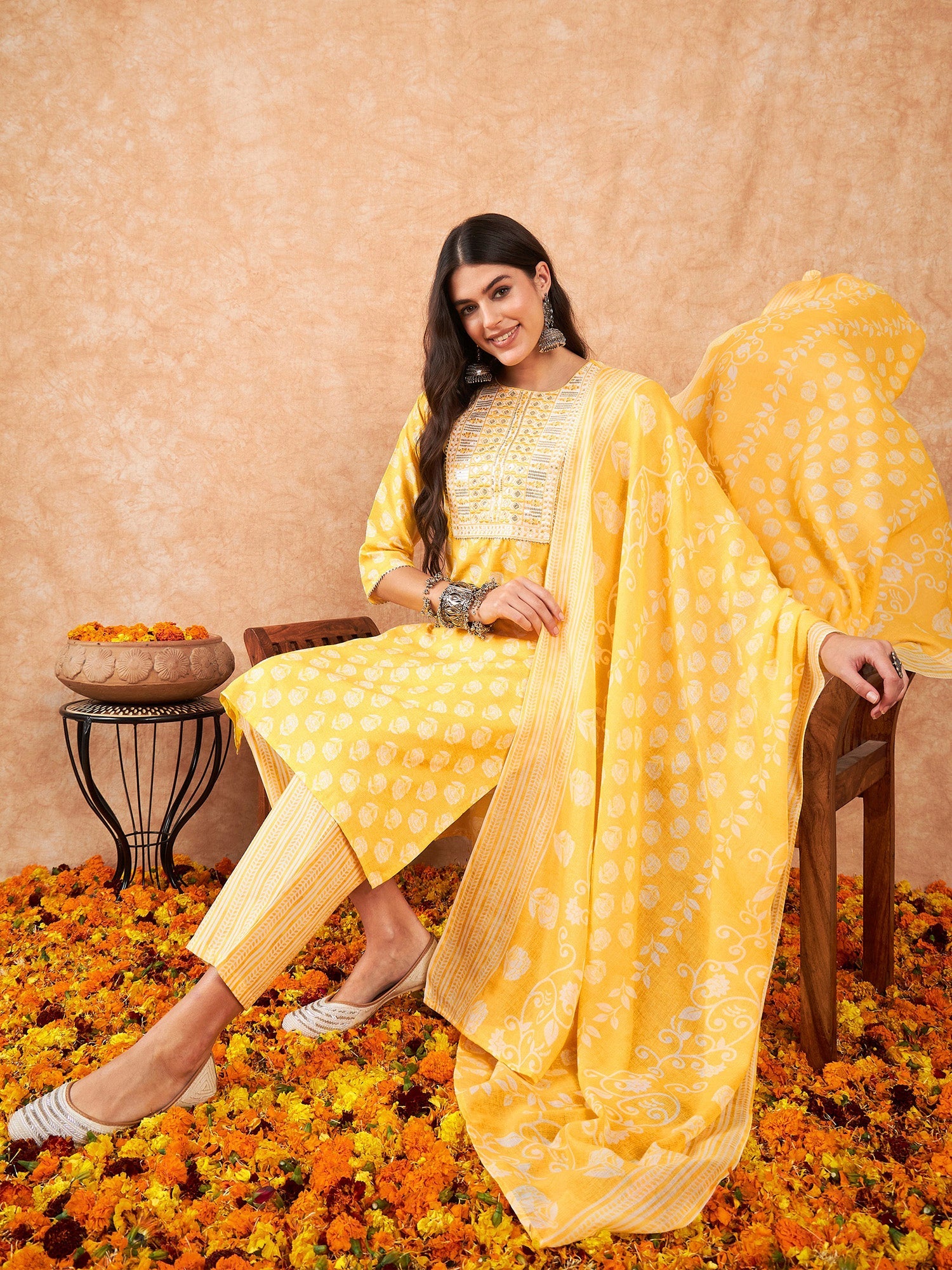 Yellow Kurta Sets  For women,indo era, indoera, kurta set for women, women kurta set, women suit, summer wear for women, cotton suit set, women cotton kurta, cotton kurta with dupatta