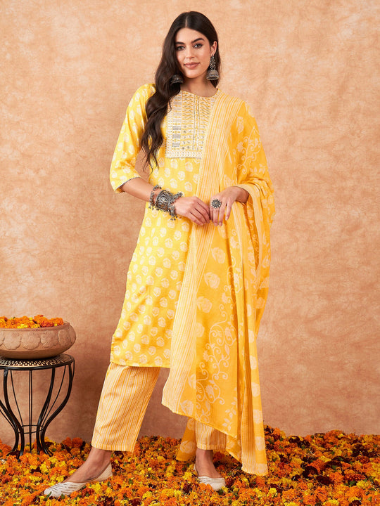 Indo Era Yellow Printed Straight Kurta Trousers With Dupatta Set