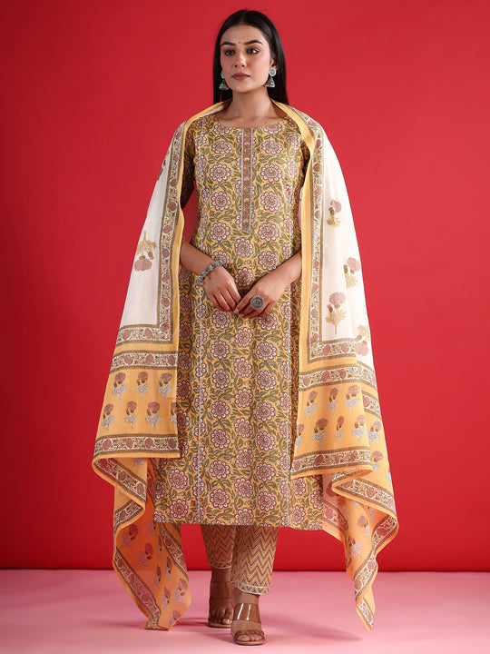 Indo Era Yellow Printed Straight Kurta Trousers With Dupatta set