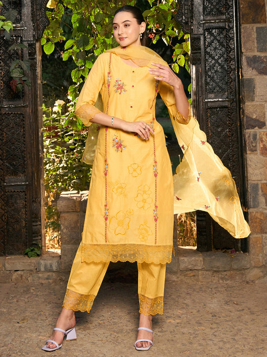 Indo Era Yellow Embroidered Straight Kurta Trousers With Dupatta set