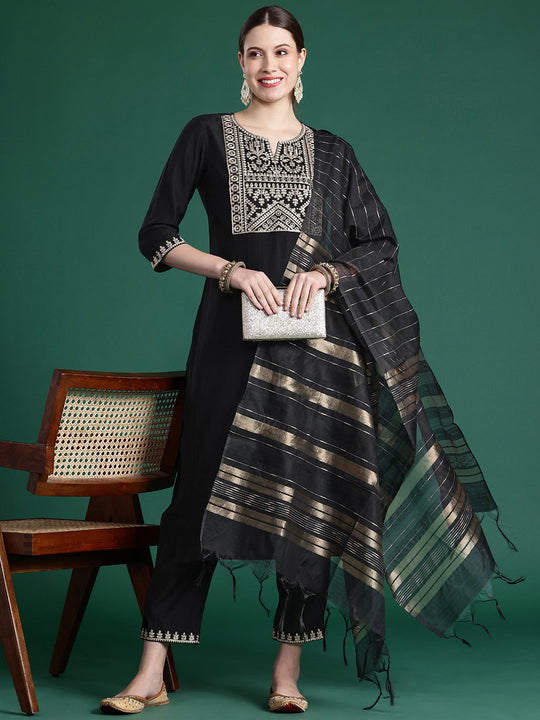Indo Era Black Embroidered Straight Kurta Trousers With Dupatta set