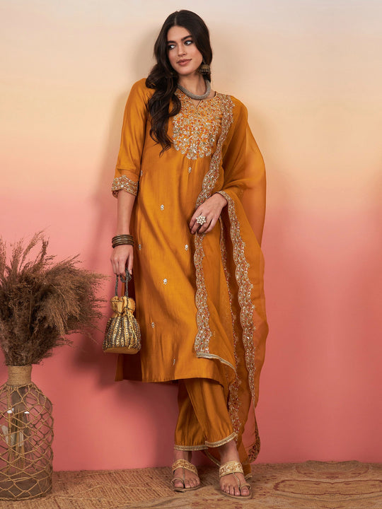 Indo Era Mustard Embroidered Straight Kurta Trousers With Dupatta