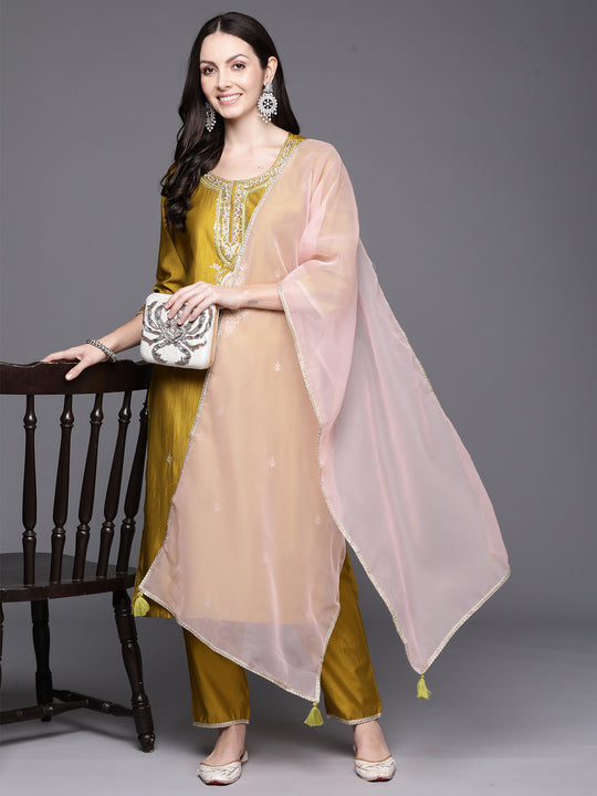 Indo Era Olive green embroidered Kurta with Trousers with dupatta
