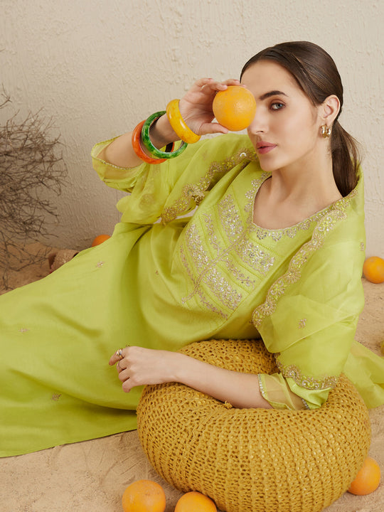 Olive Embroidered Straight Kurta Trousers with Dupatta