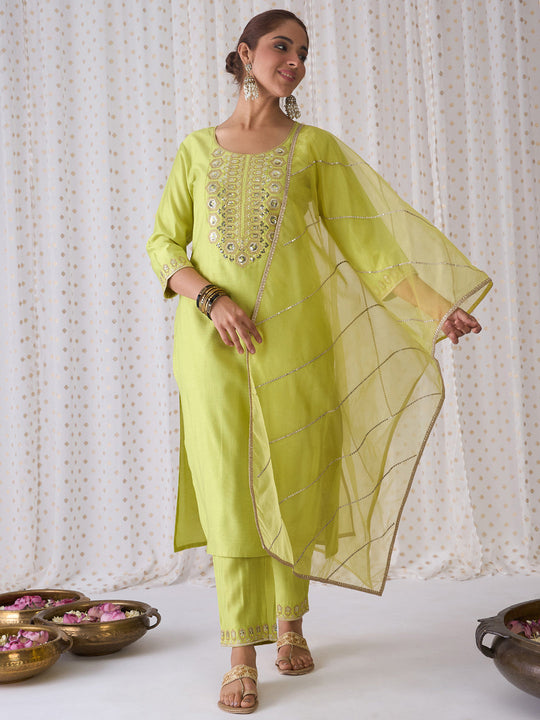 Indo Era Olive Embroidered Straight Kurta Trousers With Dupatta set