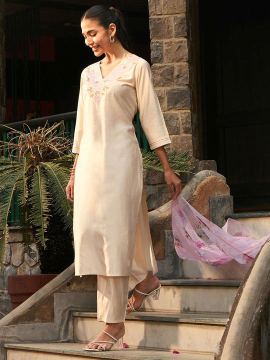 Indo Era Off White Embroidered Straight Kurta Trousers With Dupatta set
