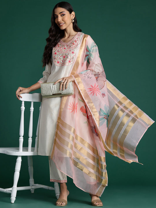 Indo Era Off White Embroidered Straight Kurta Trousers With Dupatta set