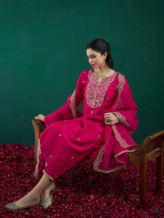 Pink Embroidered Straight Kurta Trousers With Dupatta