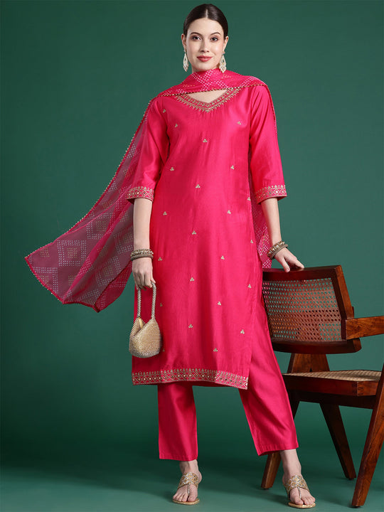Indo Era Pink Embroidered Straight Kurta Trousers With Dupatta set