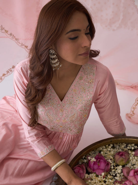 Indo Era Pink Embroidered A-Line Kurta Trousers With Dupatta  Set
