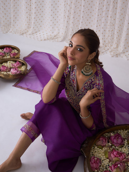 Indo Era Purple Embroidered A-Line Kurta Trousers With Dupatta set
