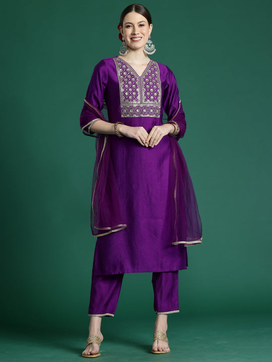 Indo Era Purple Embroidered Straight Kurta Trousers With Dupatta set