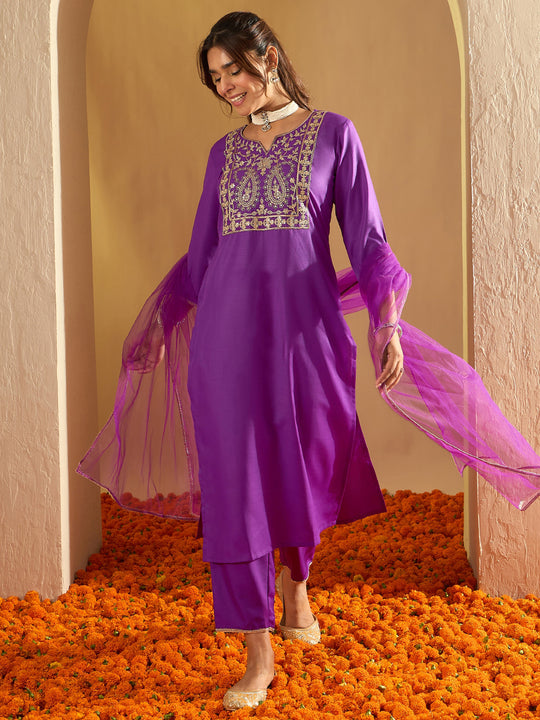 Indo Era Purple Embroidered Straight Kurta Trousers With Dupatta  Set