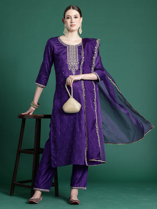 Indo Era Purple Embroidered Straight Kurta Trousers With Dupatta set