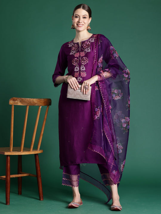 Purple Embroidered Straight Kurta Set With Dupatta